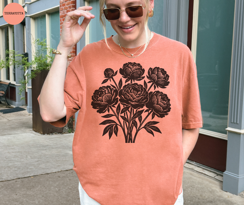 Retro Linocut Flowers T-Shirt