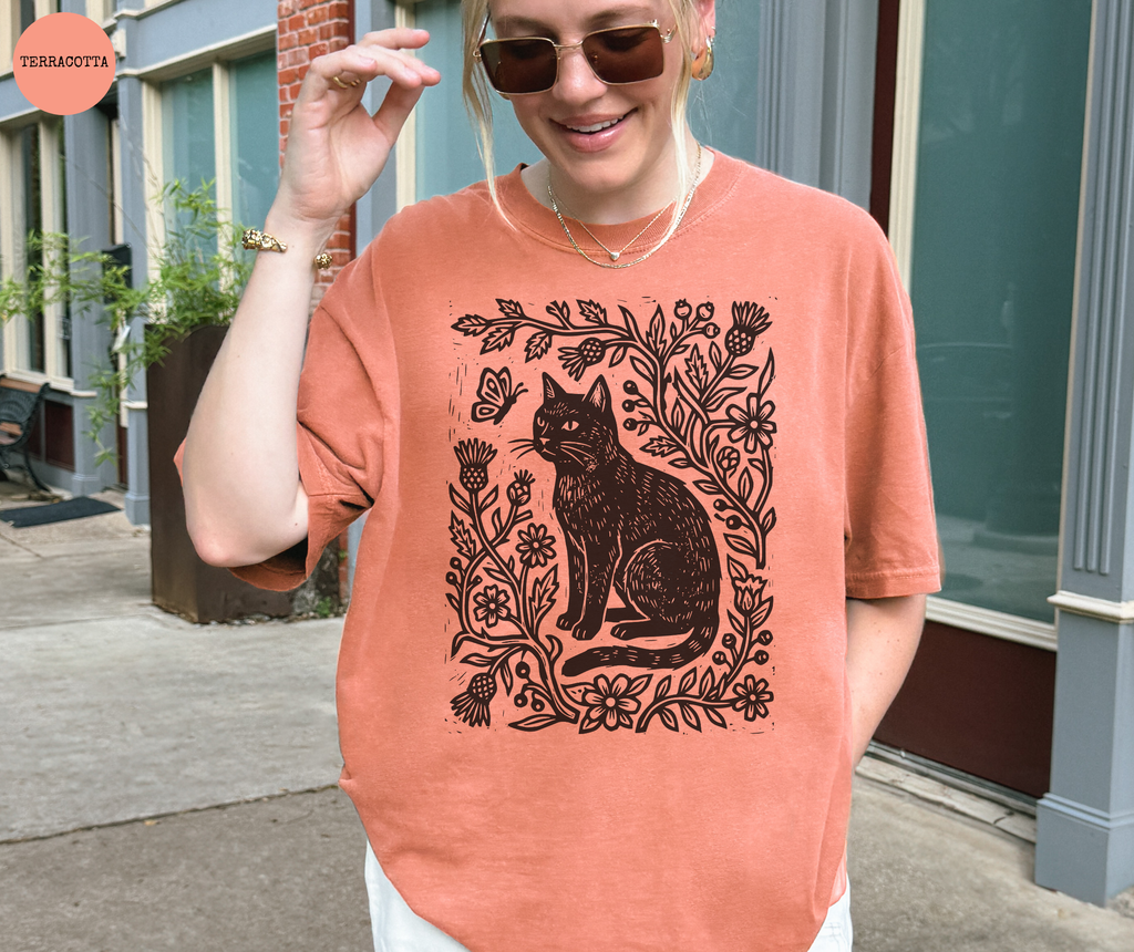 Retro Linocut Cat T-Shirt
