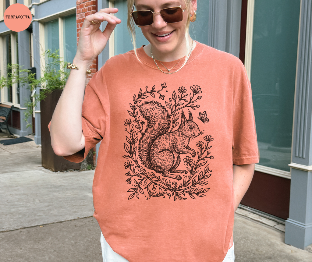 Retro Linocut Squirrel T-Shirt