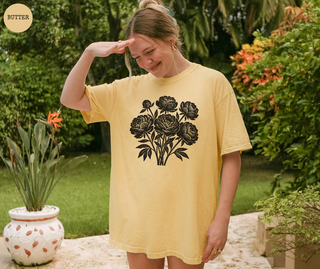 Retro Linocut Flowers T-Shirt