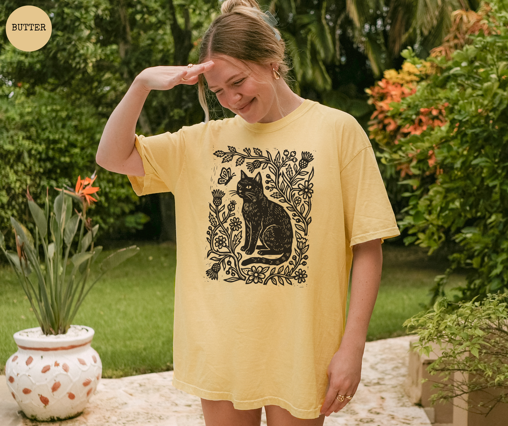 Retro Linocut Cat T-Shirt
