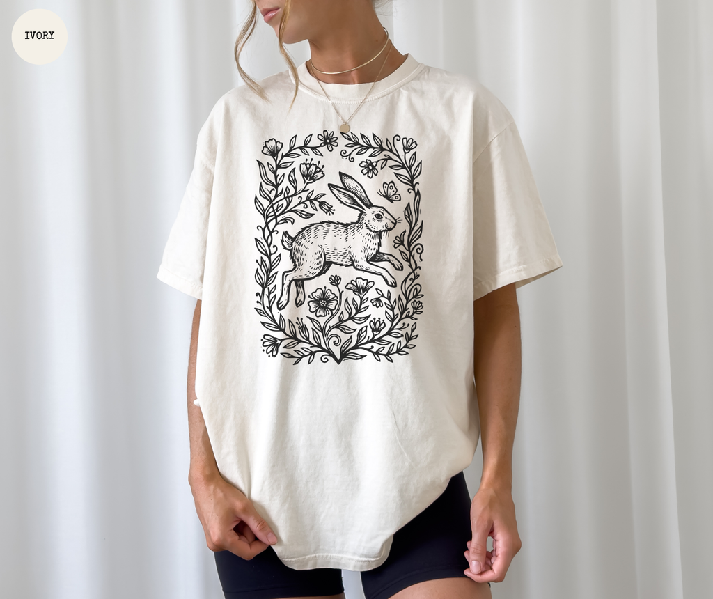 T-shirt Lapin Rétro Gravure sur Linoléo Bois