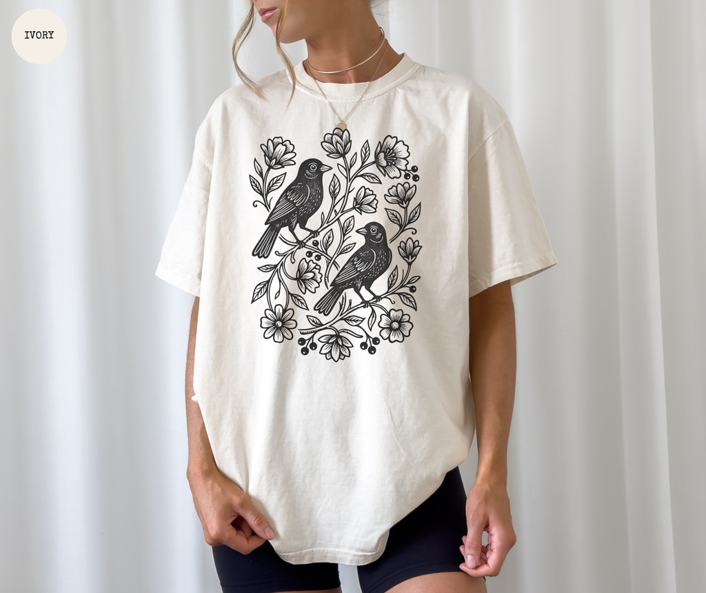 Vintage Linocut Birds & Flowers T-Shirt