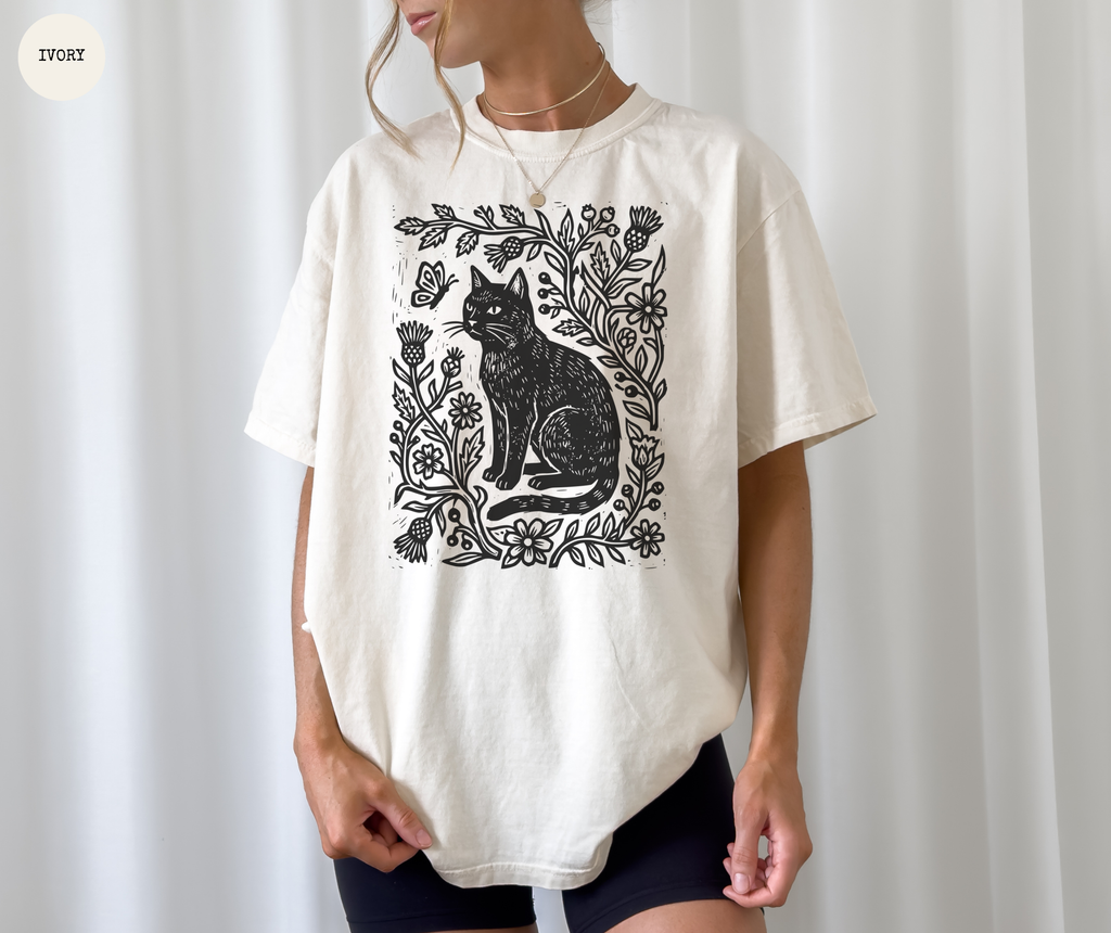 Retro Linocut Cat T-Shirt