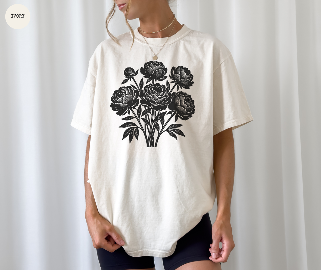 Retro Linocut Flowers T-Shirt