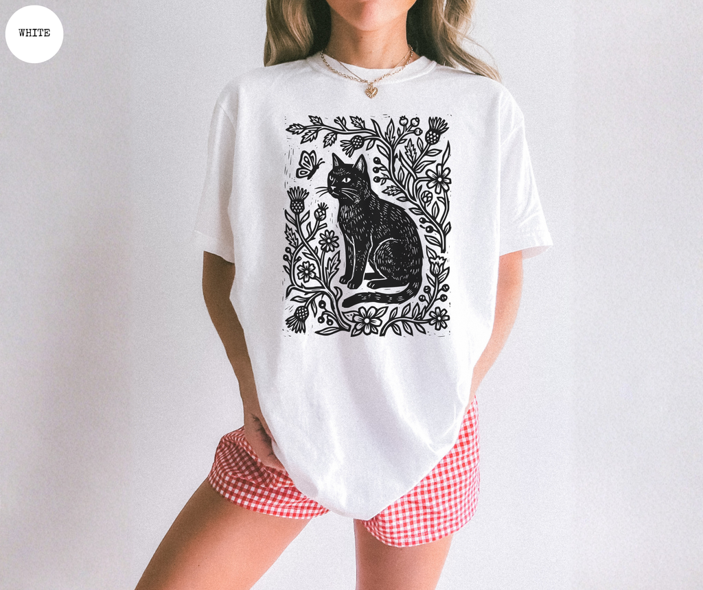 Retro Linocut Cat T-Shirt