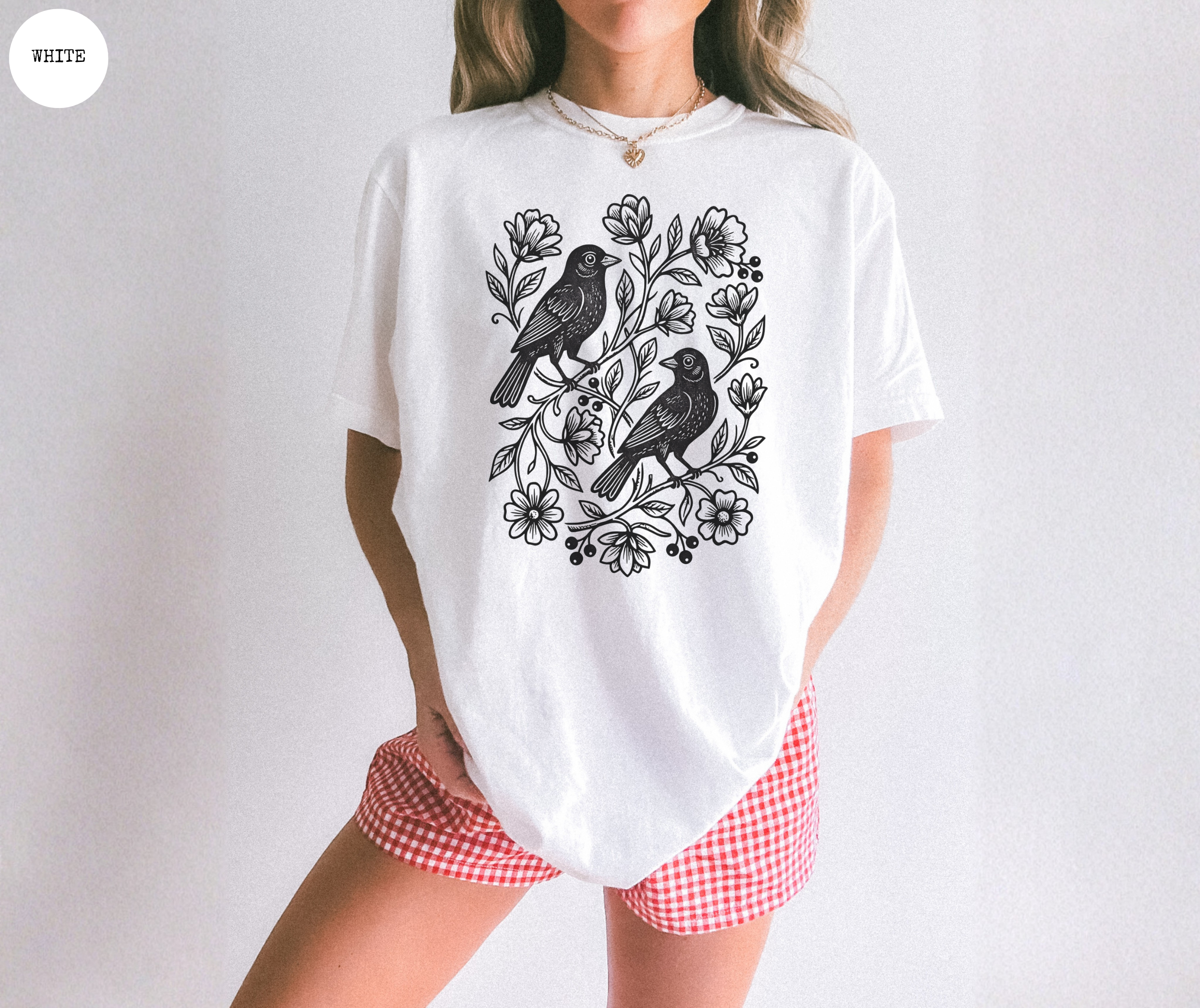 Vintage Linocut Birds & Flowers T-Shirt