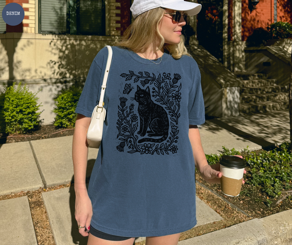 Retro Linocut Cat T-Shirt