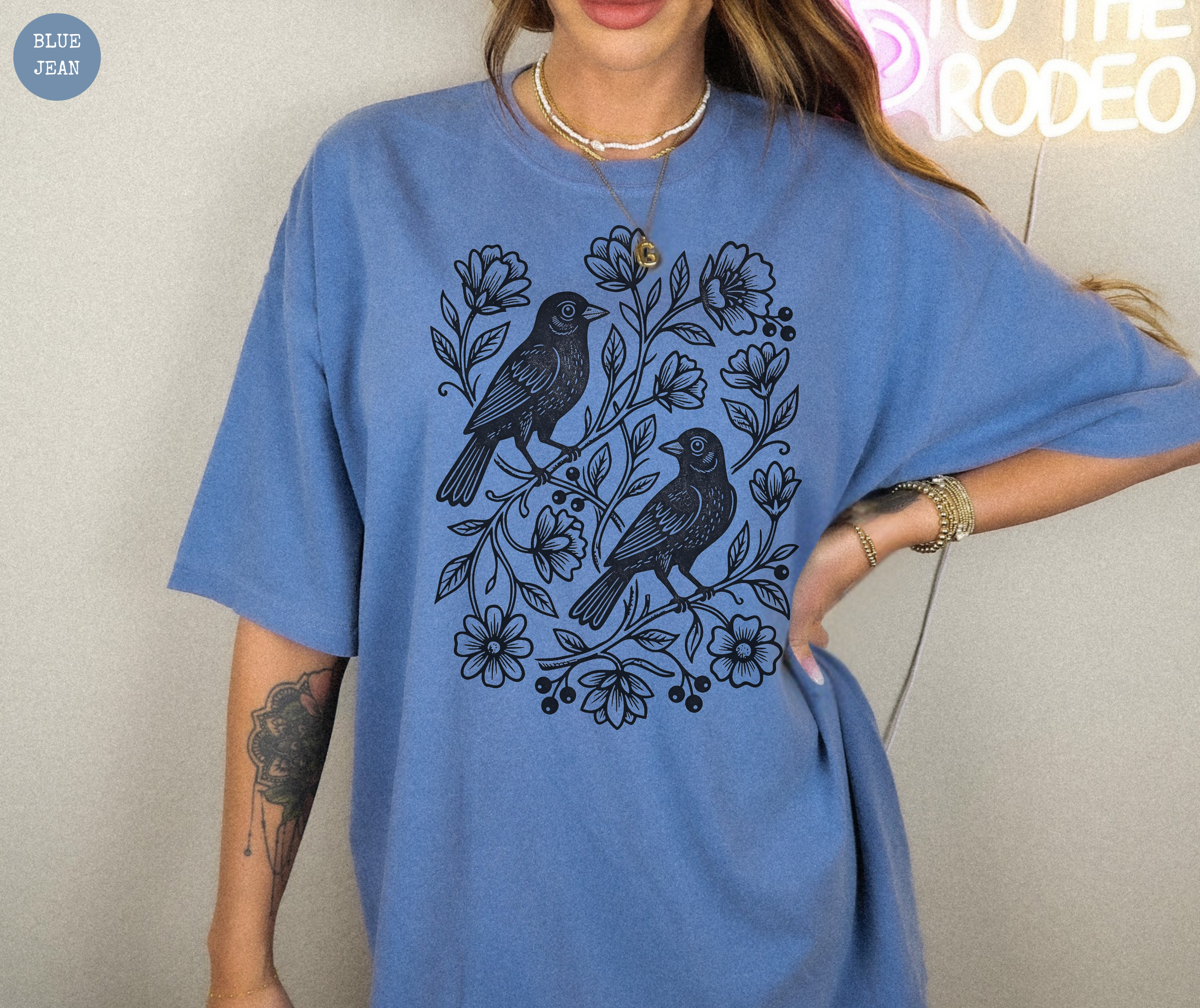 Vintage Linocut Birds & Flowers T-Shirt