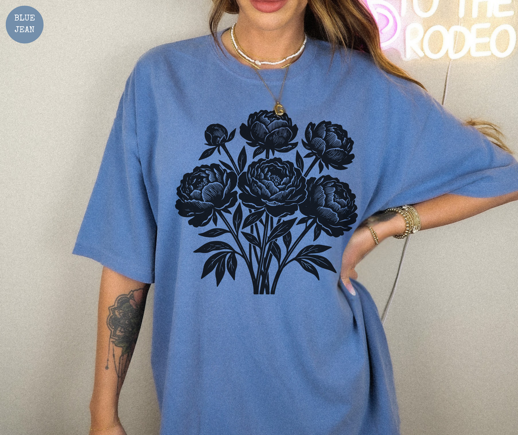 Retro Linocut Flowers T-Shirt