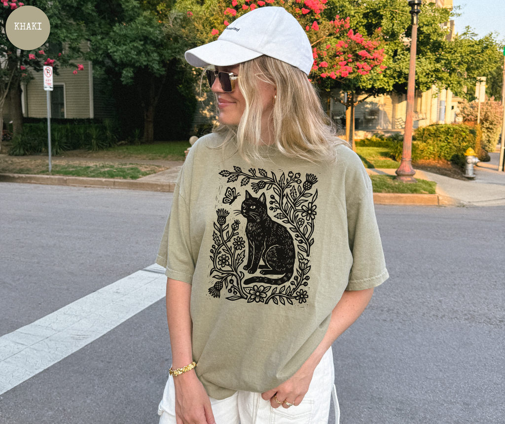 Retro Linocut Cat T-Shirt