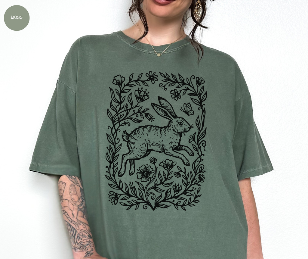 T-shirt Lapin Rétro Gravure sur Linoléo Bois