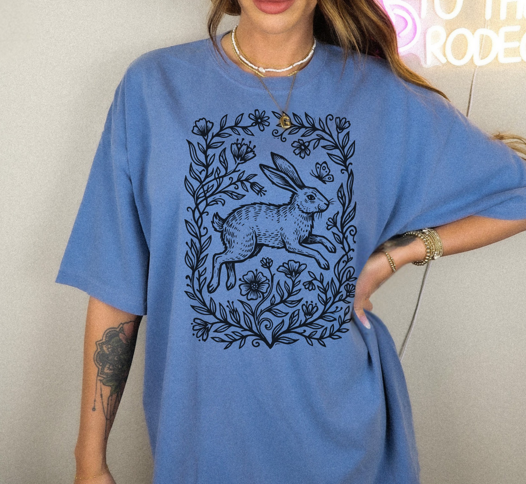 T-shirt Lapin Rétro Gravure sur Linoléo Bois