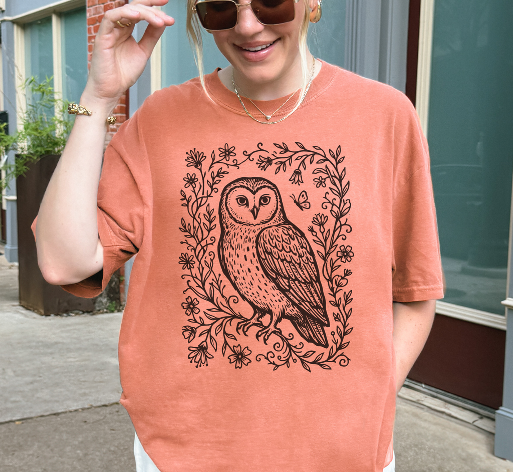 Retro Linocut Owl T-Shirt