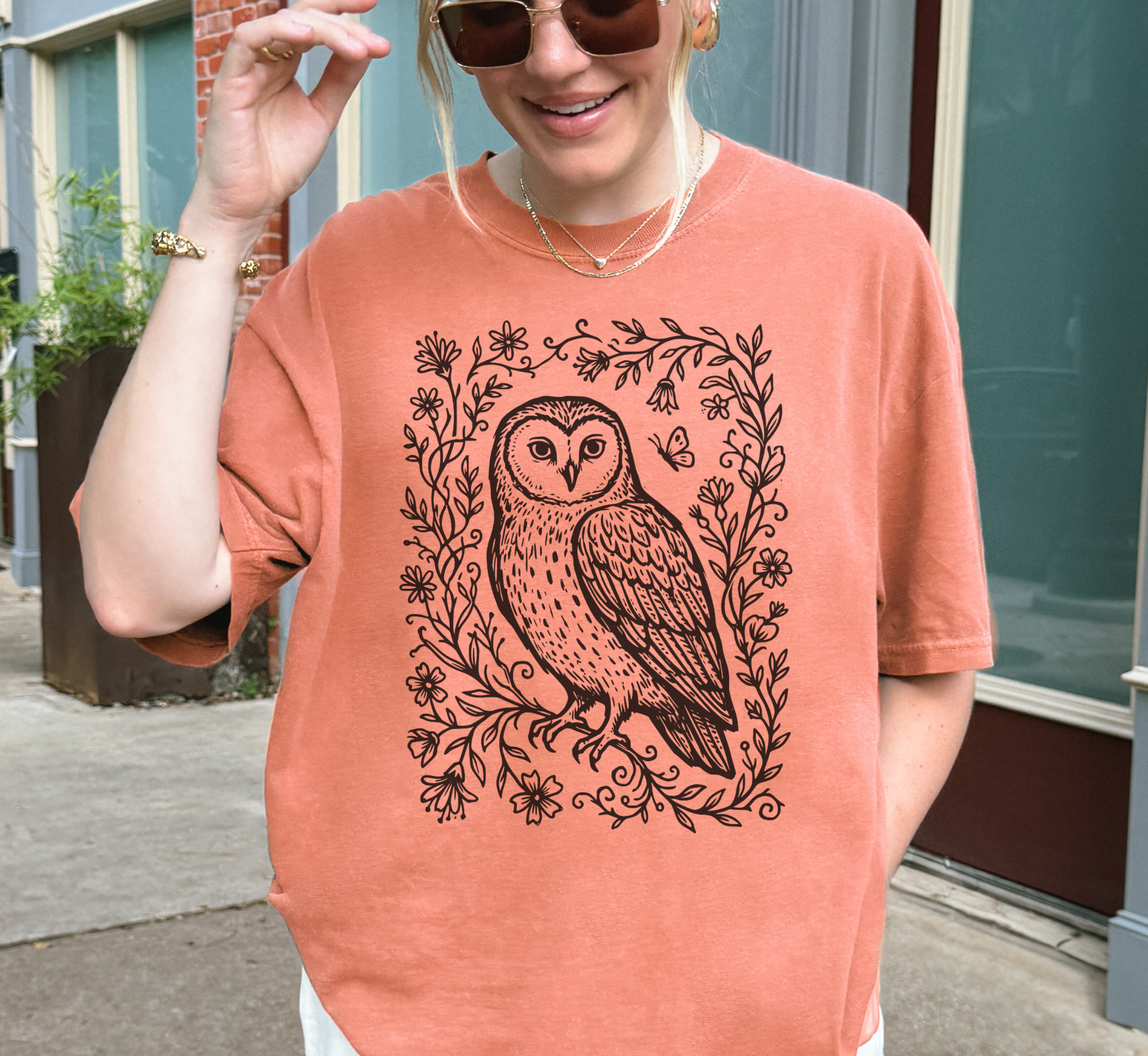 Retro Linocut Owl T-Shirt