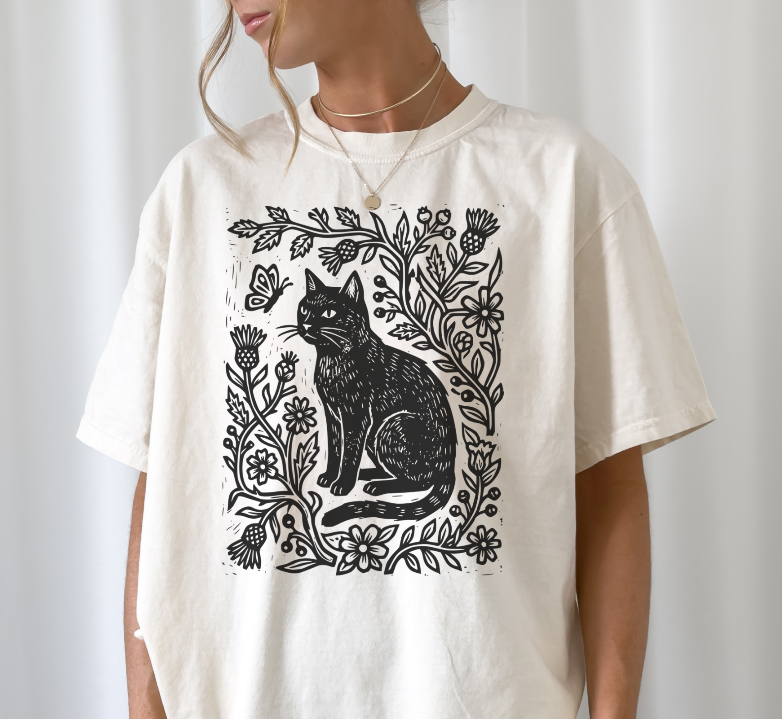 Retro Linocut Cat T-Shirt